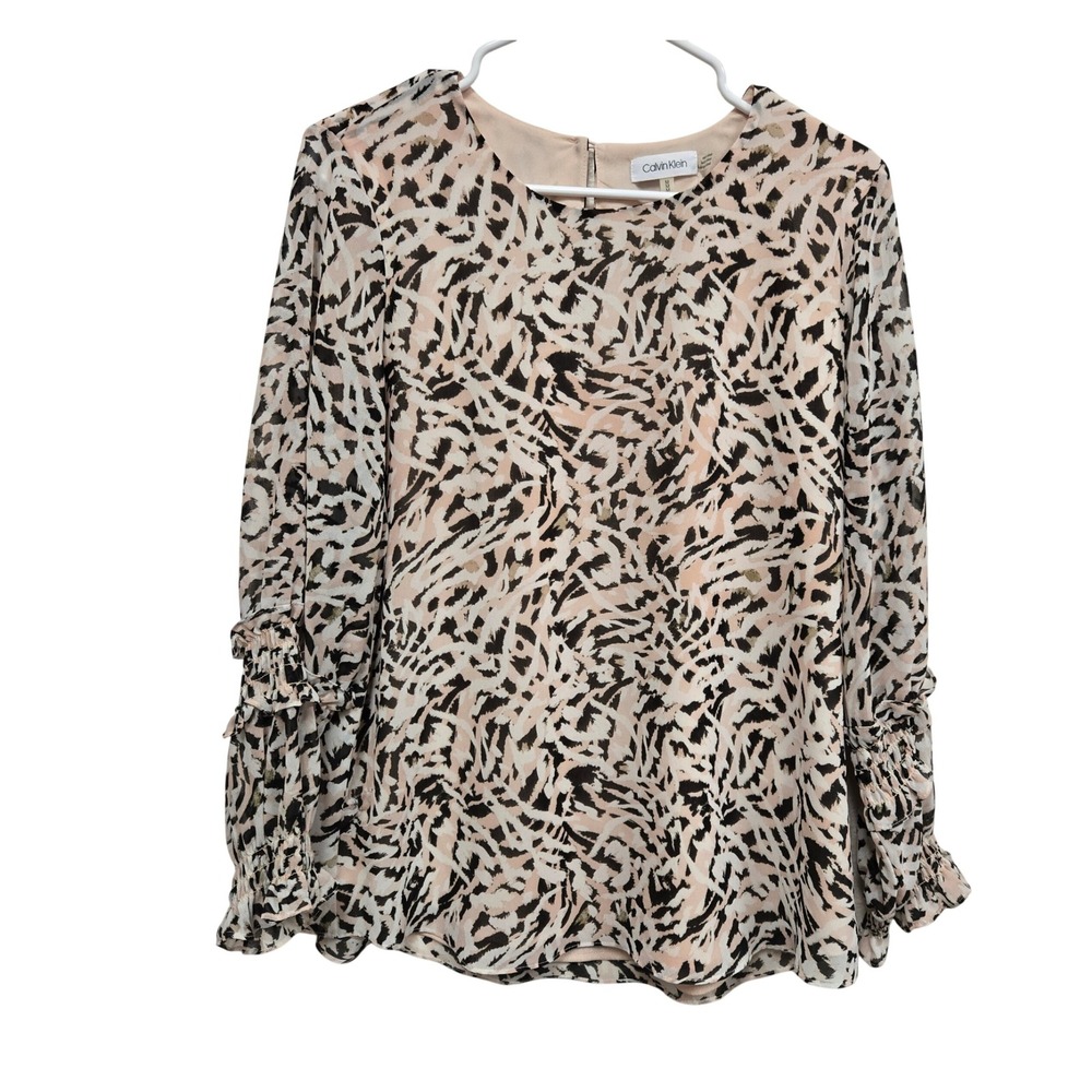 Calvin Klein Women Animal Print‎ Long Sleeve Ruffle Cuff Blouse Top M